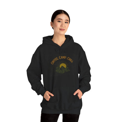 Coffee, Camp, Chill Hoodie – Outdoor Lovers Camping Sweatshirt, Hiking Gift, Warm Adventure Layer