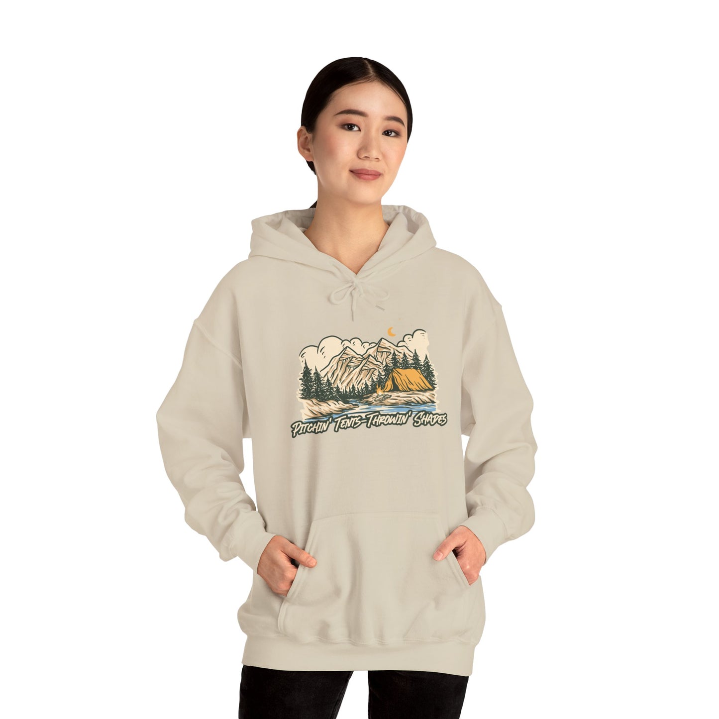 Pitchin Tents Throwin Shades Hoodie – Unisex Outdoor Adventure Sweatshirt, Camping Gear, Nature Lover Gift, Travel and Fall Apparel