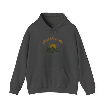 Coffee, Camp, Chill Hoodie – Outdoor Lovers Camping Sweatshirt, Hiking Gift, Warm Adventure Layer