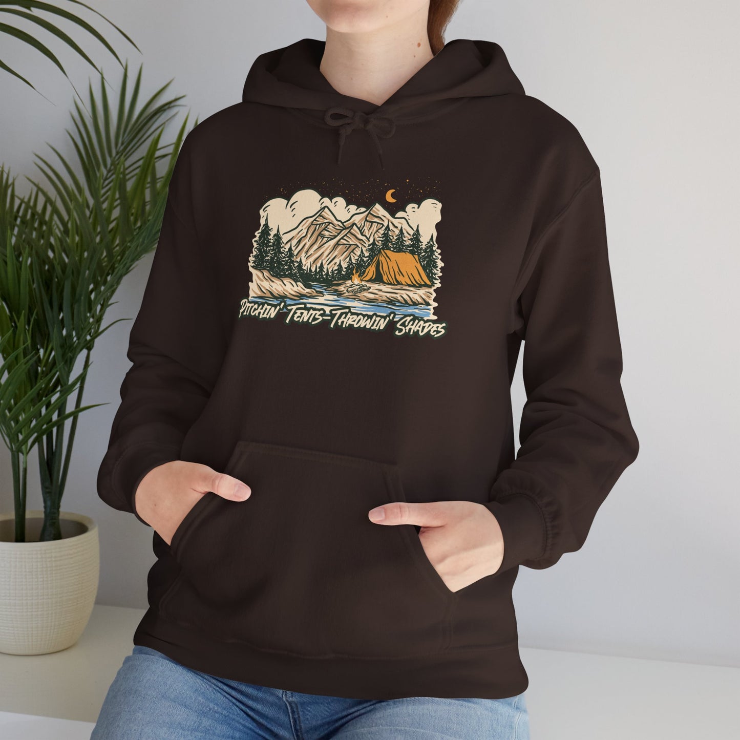 Pitchin Tents Throwin Shades Hoodie – Unisex Outdoor Adventure Sweatshirt, Camping Gear, Nature Lover Gift, Travel and Fall Apparel