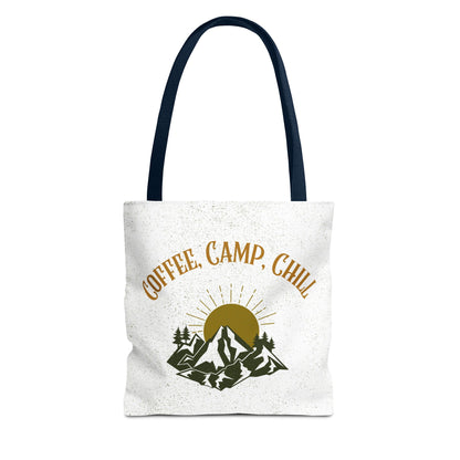 Coffee, Camp, Chill Funny Mountain Tote Bag