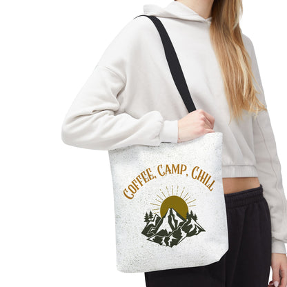 Coffee, Camp, Chill Funny Mountain Tote Bag