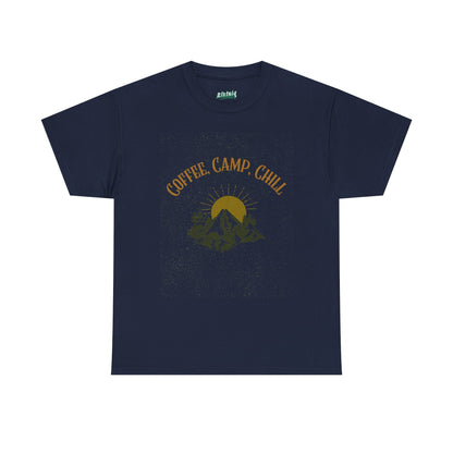 Coffee, Camp, Chill T-Shirt – Unisex Camping Tee for Outdoor Lovers, Adventure & Nature Gift, Cozy Travel Shirt for Summer