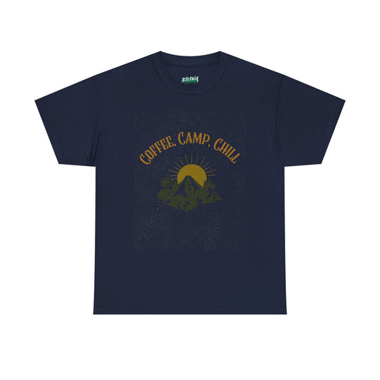 Coffee, Camp, Chill T-Shirt – Unisex Camping Tee for Outdoor Lovers, Adventure & Nature Gift, Cozy Travel Shirt for Summer