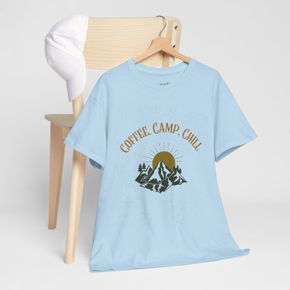Coffee, Camp, Chill T-Shirt – Unisex Camping Tee for Outdoor Lovers, Adventure & Nature Gift, Cozy Travel Shirt for Summer