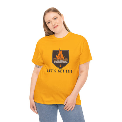 Lets Get Lit - Campfire Unisex Heavy Cotton Tee, Funny Camping T Shirt, Summer BBQ Top, Outdoor Bonfire Apparel, Gift for Campers or Nature Enthusiasts