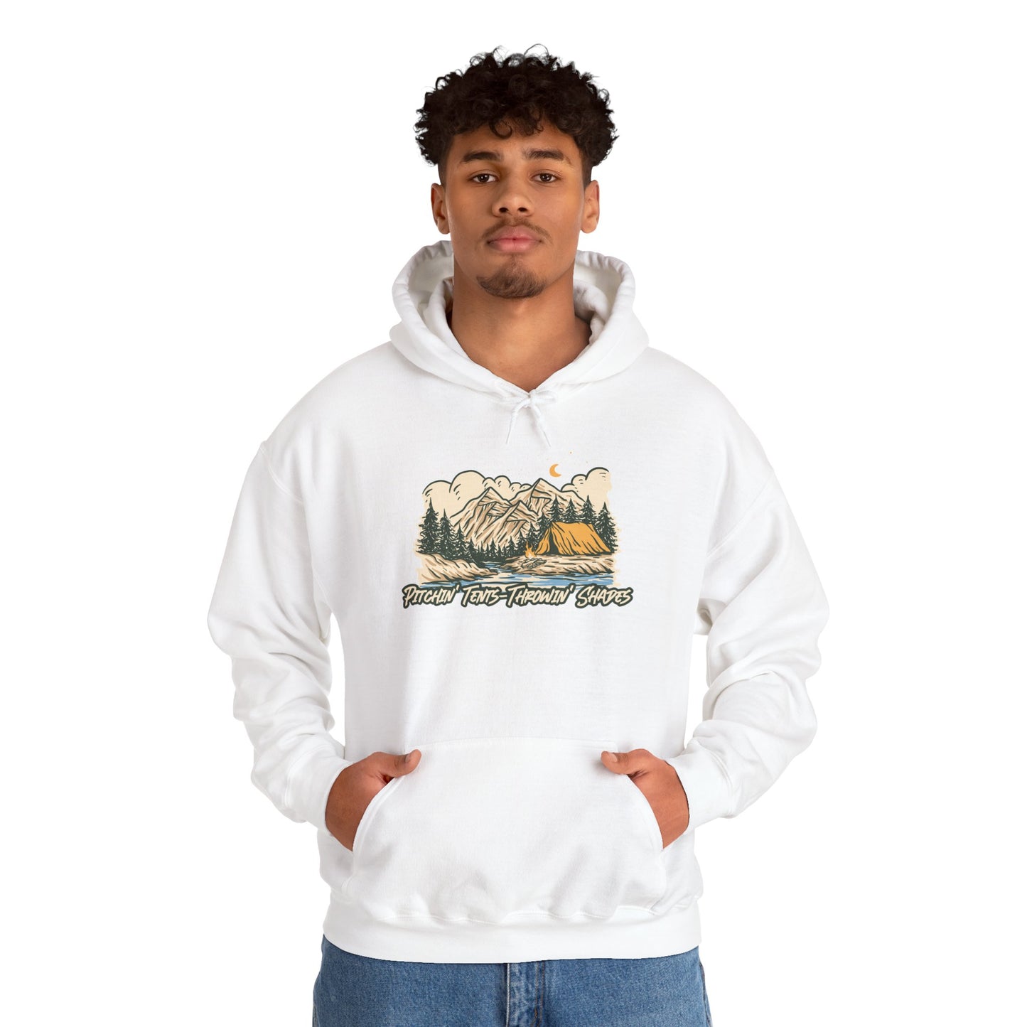 Pitchin Tents Throwin Shades Hoodie – Unisex Outdoor Adventure Sweatshirt, Camping Gear, Nature Lover Gift, Travel and Fall Apparel
