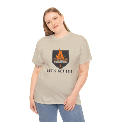 Lets Get Lit - Campfire Unisex Heavy Cotton Tee, Funny Camping T Shirt, Summer BBQ Top, Outdoor Bonfire Apparel, Gift for Campers or Nature Enthusiasts