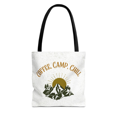 Coffee, Camp, Chill Funny Mountain Tote Bag