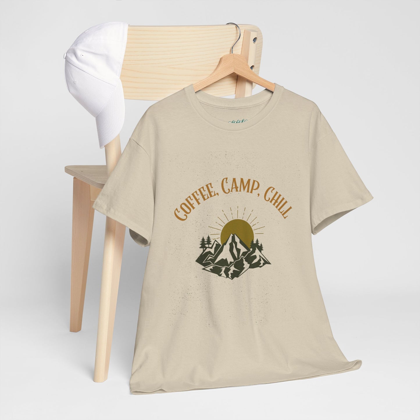 Coffee, Camp, Chill T-Shirt – Unisex Camping Tee for Outdoor Lovers, Adventure & Nature Gift, Cozy Travel Shirt for Summer