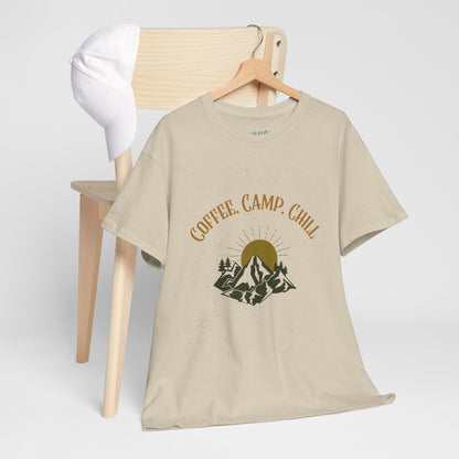 Coffee, Camp, Chill T-Shirt – Unisex Camping Tee for Outdoor Lovers, Adventure & Nature Gift, Cozy Travel Shirt for Summer