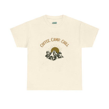 Coffee, Camp, Chill T-Shirt – Unisex Camping Tee for Outdoor Lovers, Adventure & Nature Gift, Cozy Travel Shirt for Summer
