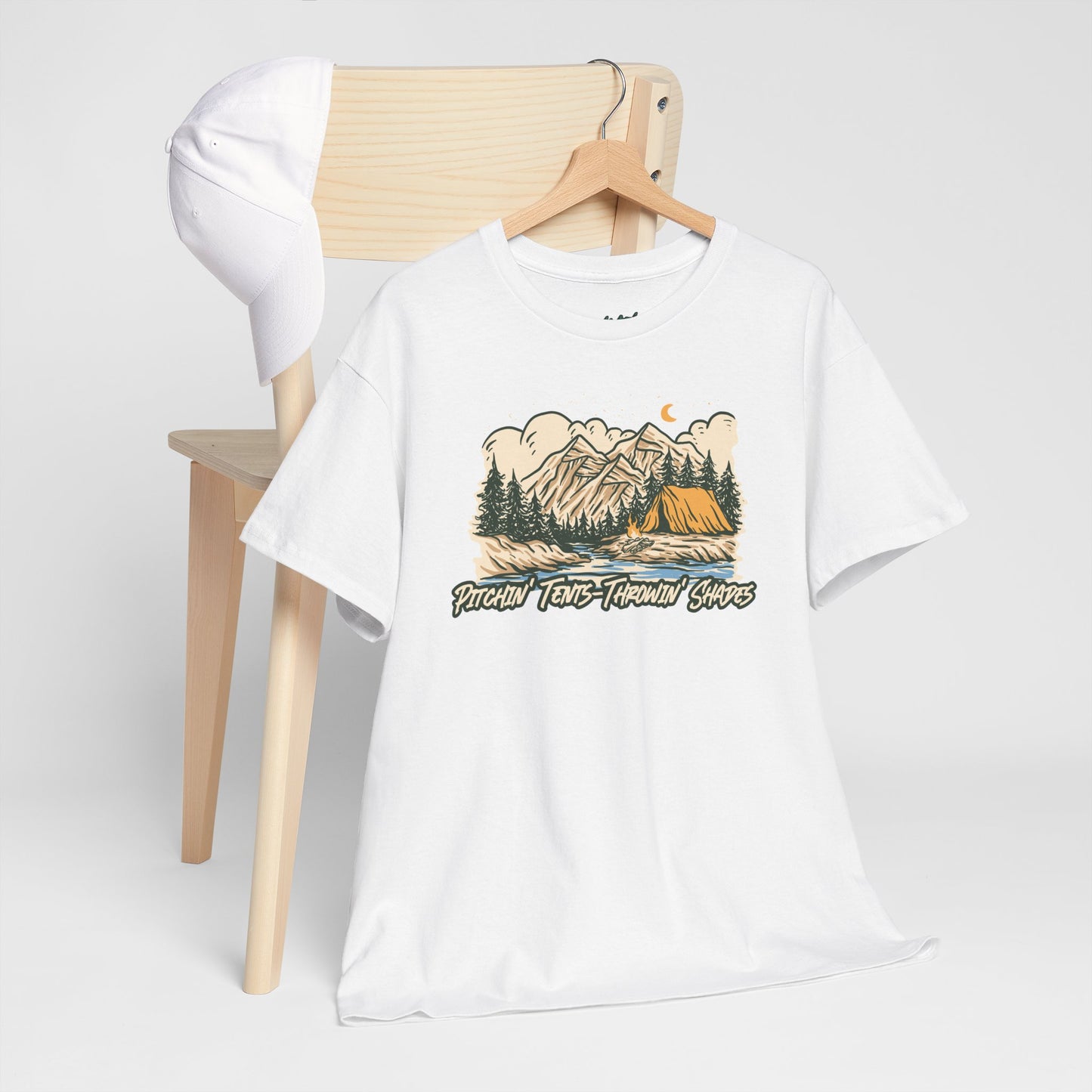 Pitchin Tents Throwin Shades – Funny Camping T-Shirt for Hikers & Outdoor Enthusiasts | Unisex Heavy Cotton Tee, Nature Lover Gift, Adventure Apparel