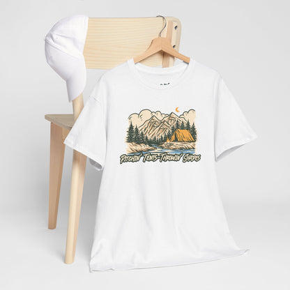 Pitchin Tents Throwin Shades – Funny Camping T-Shirt for Hikers & Outdoor Enthusiasts | Unisex Heavy Cotton Tee, Nature Lover Gift, Adventure Apparel