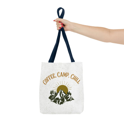 Coffee, Camp, Chill Funny Mountain Tote Bag