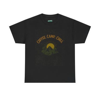Coffee, Camp, Chill T-Shirt – Unisex Camping Tee for Outdoor Lovers, Adventure & Nature Gift, Cozy Travel Shirt for Summer