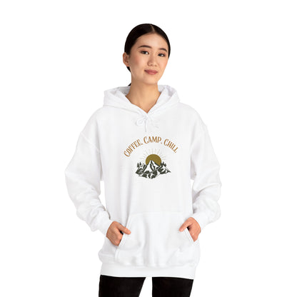 Coffee, Camp, Chill Hoodie – Outdoor Lovers Camping Sweatshirt, Hiking Gift, Warm Adventure Layer