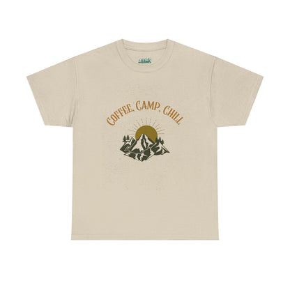 Coffee, Camp, Chill T-Shirt – Unisex Camping Tee for Outdoor Lovers, Adventure & Nature Gift, Cozy Travel Shirt for Summer