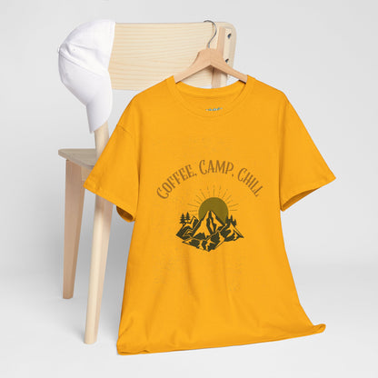 Coffee, Camp, Chill T-Shirt – Unisex Camping Tee for Outdoor Lovers, Adventure & Nature Gift, Cozy Travel Shirt for Summer