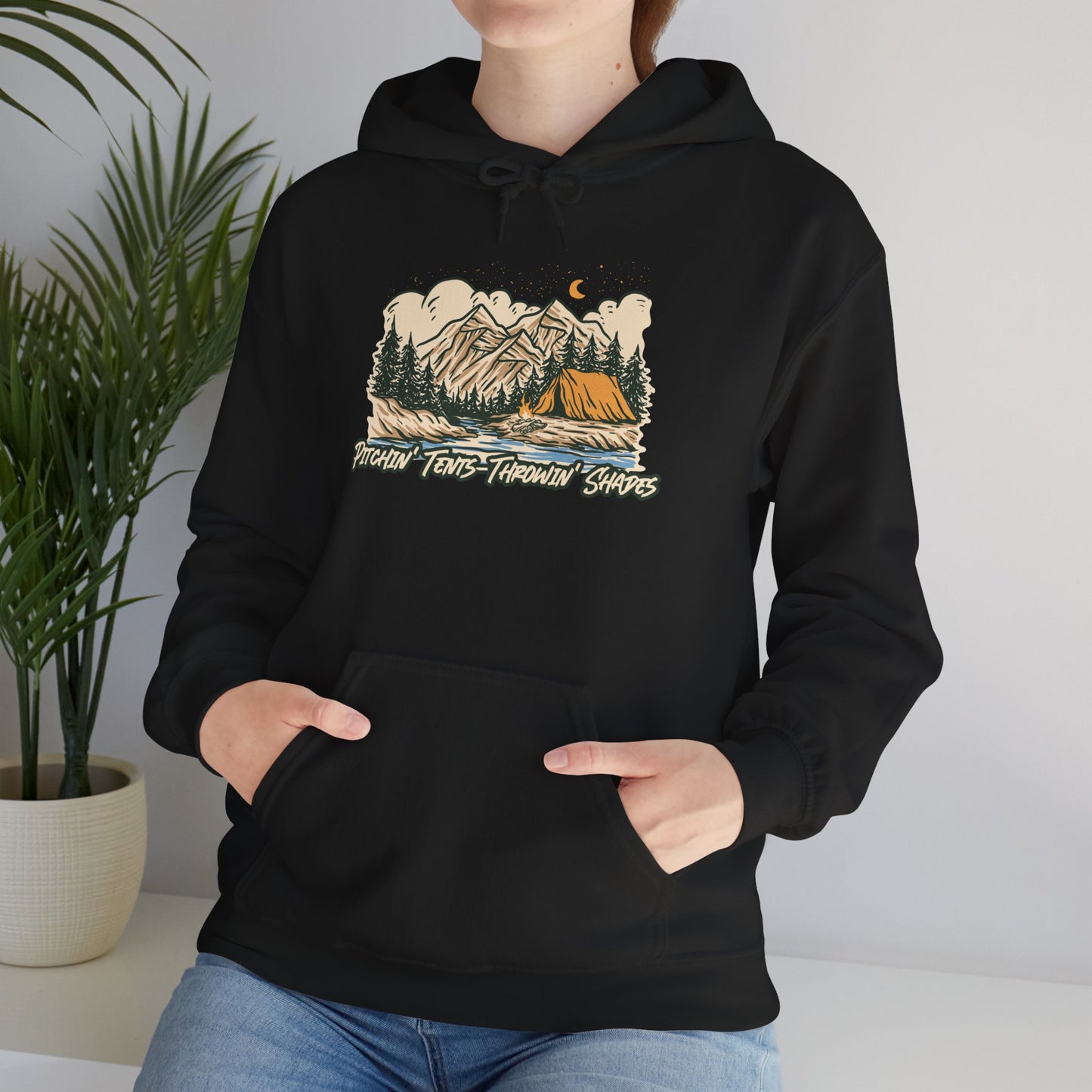 Pitchin Tents Throwin Shades Hoodie – Unisex Outdoor Adventure Sweatshirt, Camping Gear, Nature Lover Gift, Travel and Fall Apparel