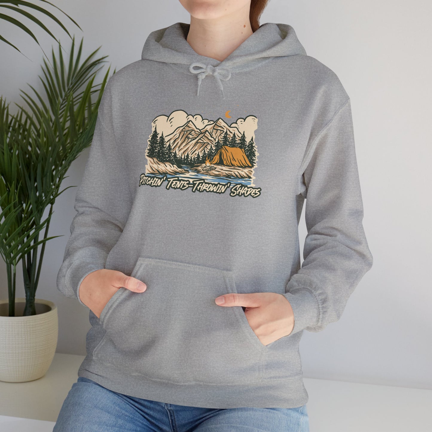 Pitchin Tents Throwin Shades Hoodie – Unisex Outdoor Adventure Sweatshirt, Camping Gear, Nature Lover Gift, Travel and Fall Apparel