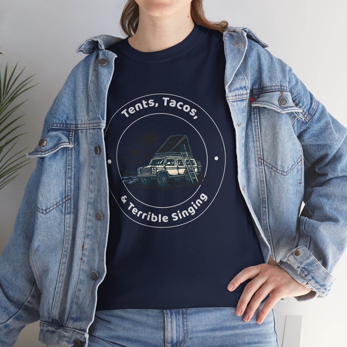Tents, Tacos, and Terrible Singing Tee – Funny Camping T-Shirt for Campers and Adventure Lovers, Unisex Heavy Cotton Tee, Outdoor Fun Gift, Travel Apparel