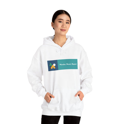Unisex Wander Roast Repeat Hoodie – Cozy Travel Sweatshirt for Adventurers, Coffee Lovers, Outdoor Fun, Gift for Travelers, Everyday Pullover