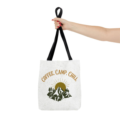 Coffee, Camp, Chill Funny Mountain Tote Bag