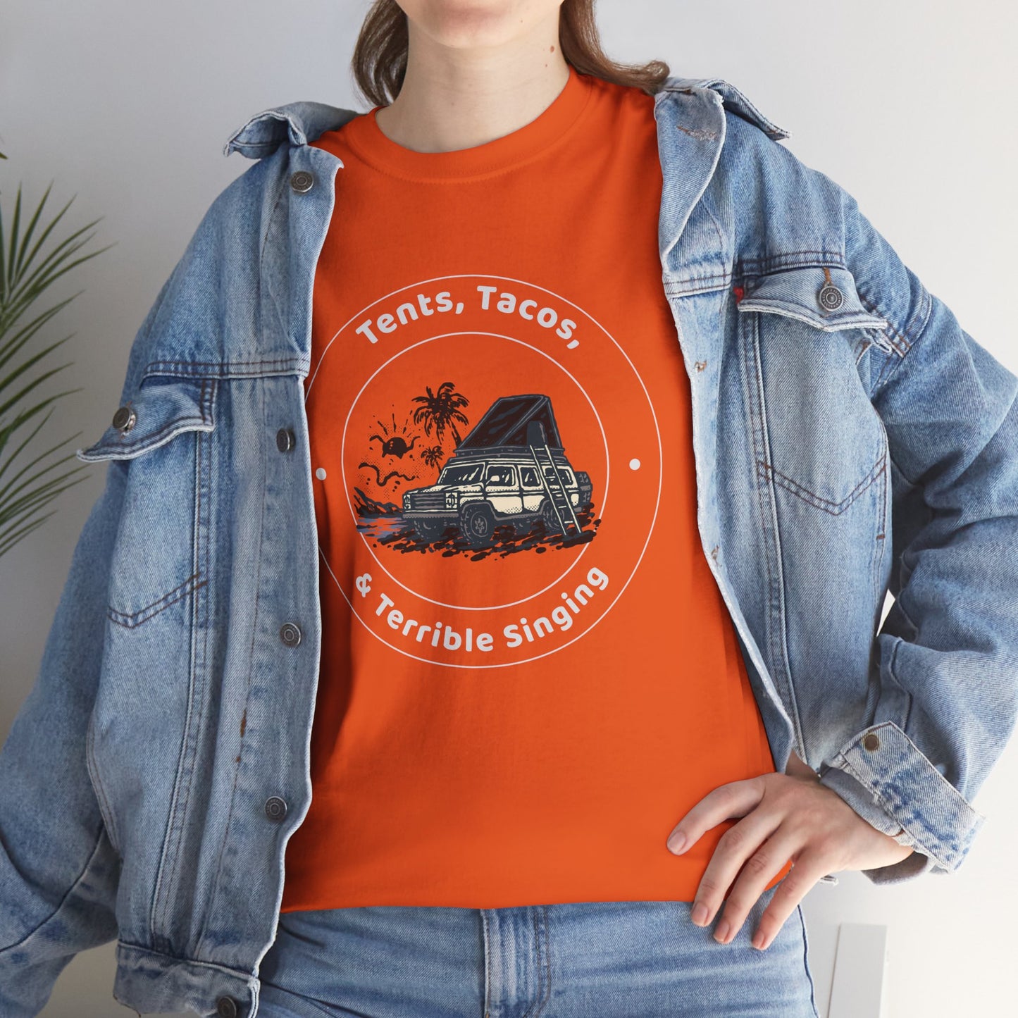 Tents, Tacos, and Terrible Singing Tee – Funny Camping T-Shirt for Campers and Adventure Lovers, Unisex Heavy Cotton Tee, Outdoor Fun Gift, Travel Apparel
