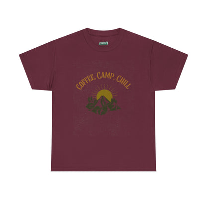 Coffee, Camp, Chill T-Shirt – Unisex Camping Tee for Outdoor Lovers, Adventure & Nature Gift, Cozy Travel Shirt for Summer