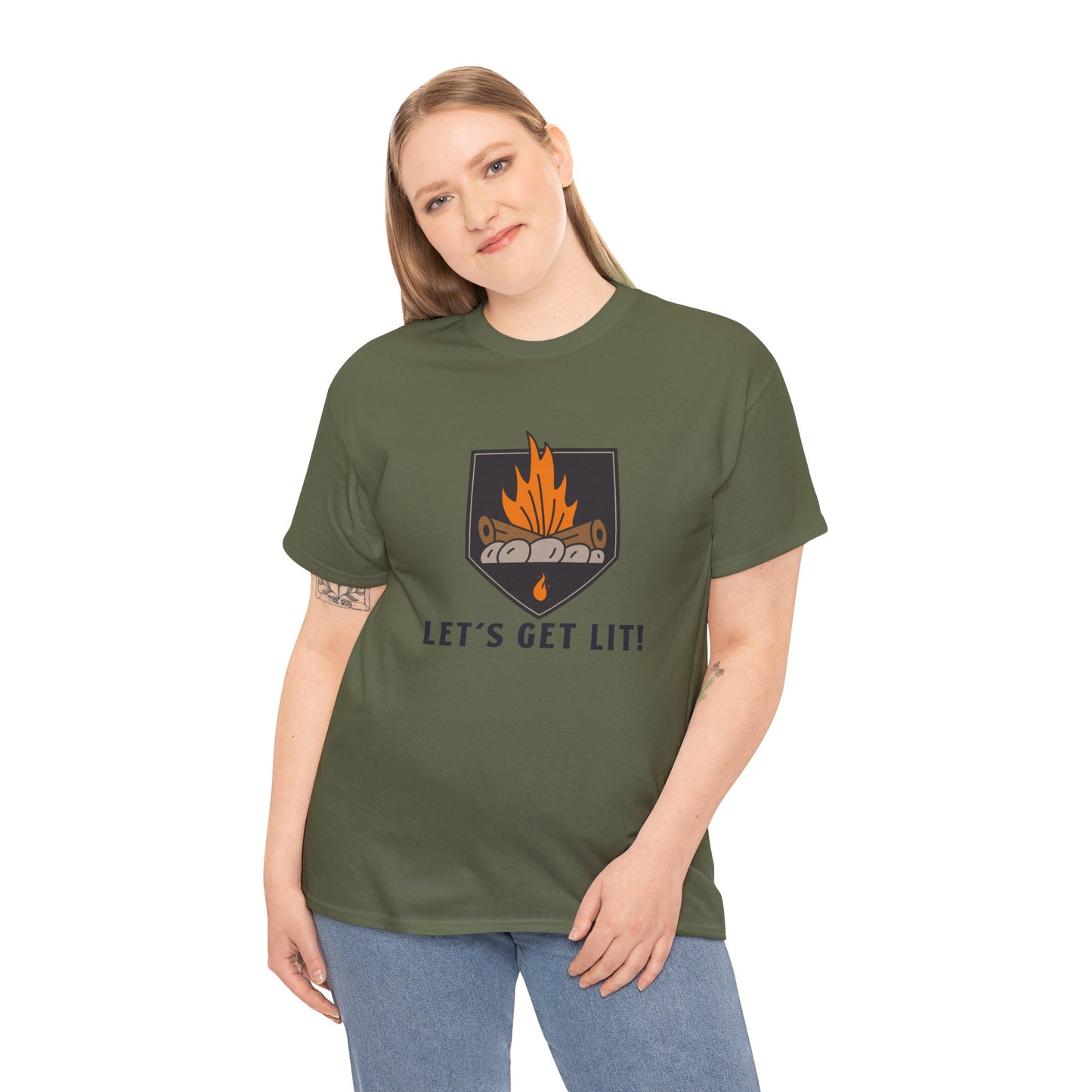 Lets Get Lit - Campfire Unisex Heavy Cotton Tee, Funny Camping T Shirt, Summer BBQ Top, Outdoor Bonfire Apparel, Gift for Campers or Nature Enthusiasts