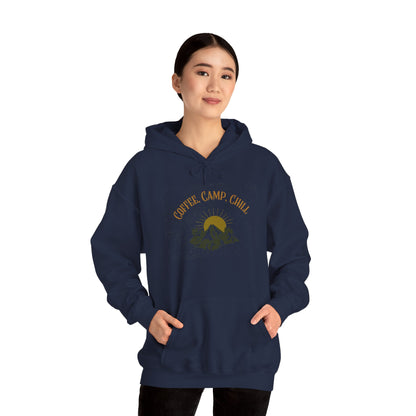 Coffee, Camp, Chill Hoodie – Outdoor Lovers Camping Sweatshirt, Hiking Gift, Warm Adventure Layer