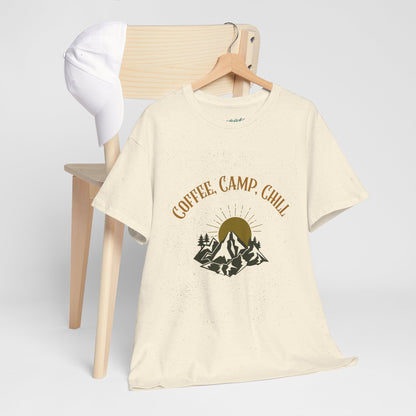 Coffee, Camp, Chill T-Shirt – Unisex Camping Tee for Outdoor Lovers, Adventure & Nature Gift, Cozy Travel Shirt for Summer