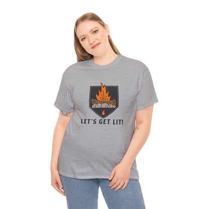 Lets Get Lit - Campfire Unisex Heavy Cotton Tee, Funny Camping T Shirt, Summer BBQ Top, Outdoor Bonfire Apparel, Gift for Campers or Nature Enthusiasts