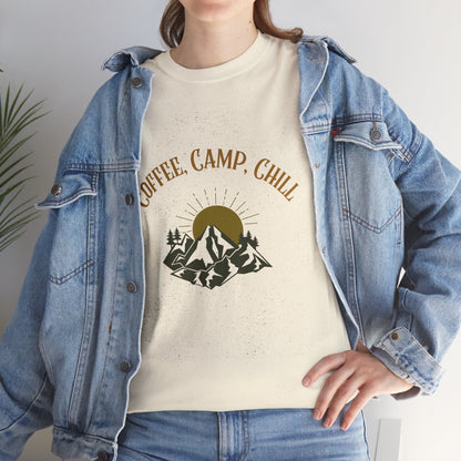 Coffee, Camp, Chill T-Shirt – Unisex Camping Tee for Outdoor Lovers, Adventure & Nature Gift, Cozy Travel Shirt for Summer