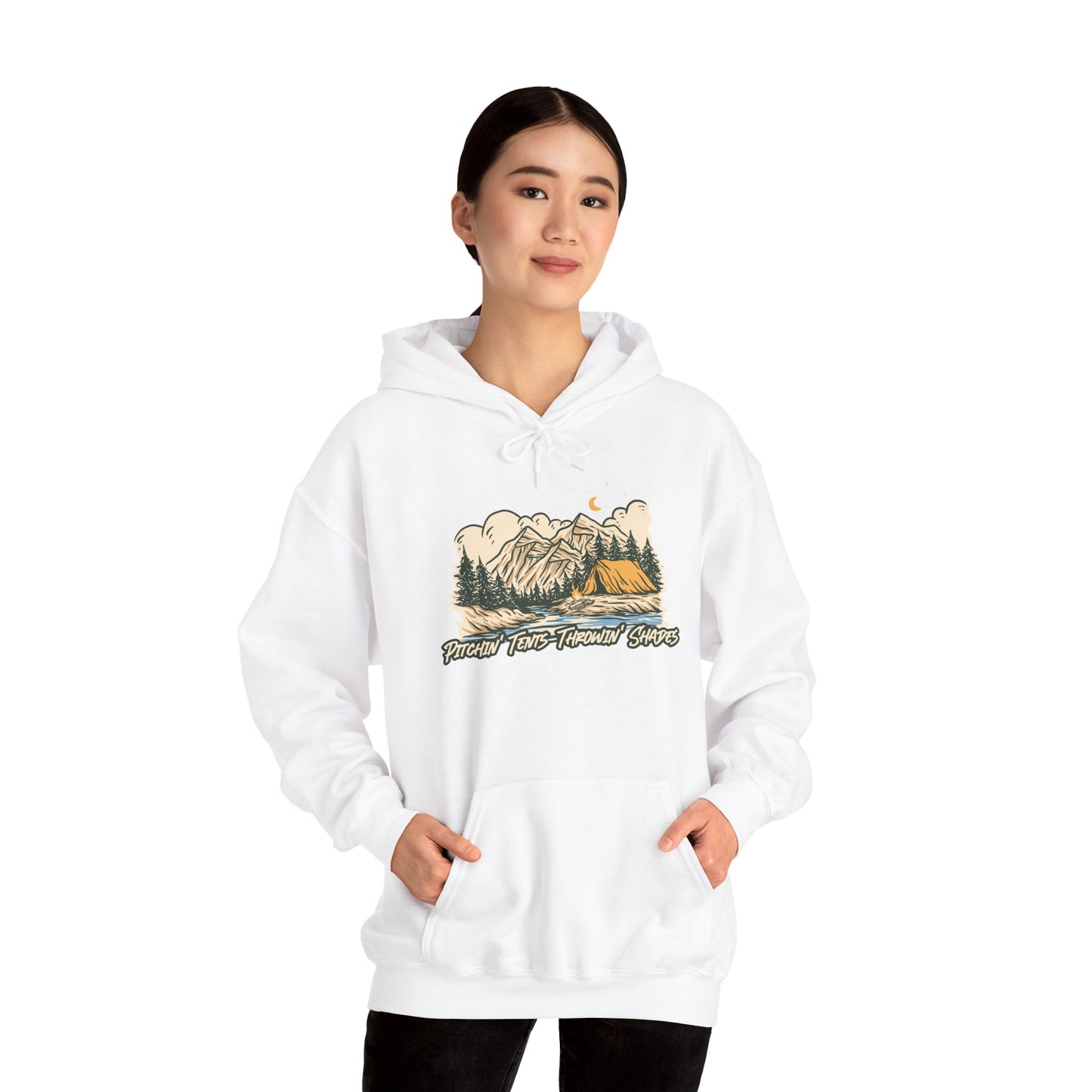 Pitchin Tents Throwin Shades Hoodie – Unisex Outdoor Adventure Sweatshirt, Camping Gear, Nature Lover Gift, Travel and Fall Apparel