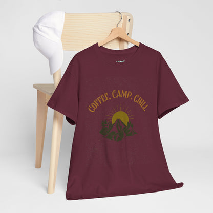 Coffee, Camp, Chill T-Shirt – Unisex Camping Tee for Outdoor Lovers, Adventure & Nature Gift, Cozy Travel Shirt for Summer