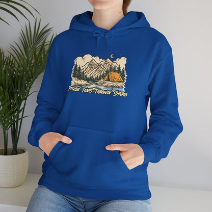 Pitchin Tents Throwin Shades Hoodie – Unisex Outdoor Adventure Sweatshirt, Camping Gear, Nature Lover Gift, Travel and Fall Apparel