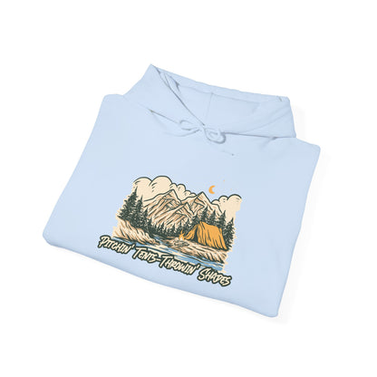 Pitchin Tents Throwin Shades Hoodie – Unisex Outdoor Adventure Sweatshirt, Camping Gear, Nature Lover Gift, Travel and Fall Apparel