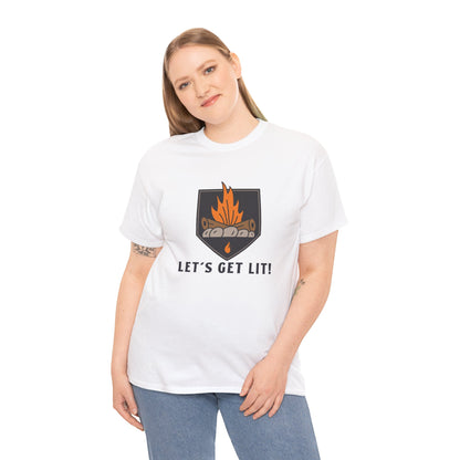 Lets Get Lit - Campfire Unisex Heavy Cotton Tee, Funny Camping T Shirt, Summer BBQ Top, Outdoor Bonfire Apparel, Gift for Campers or Nature Enthusiasts