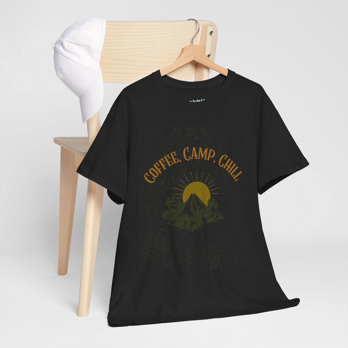 Coffee, Camp, Chill T-Shirt – Unisex Camping Tee for Outdoor Lovers, Adventure & Nature Gift, Cozy Travel Shirt for Summer