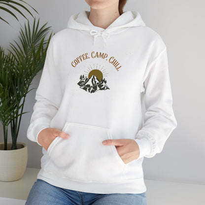 Coffee, Camp, Chill Hoodie – Outdoor Lovers Camping Sweatshirt, Hiking Gift, Warm Adventure Layer