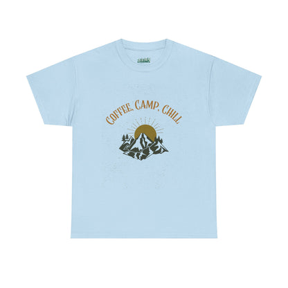 Coffee, Camp, Chill T-Shirt – Unisex Camping Tee for Outdoor Lovers, Adventure & Nature Gift, Cozy Travel Shirt for Summer