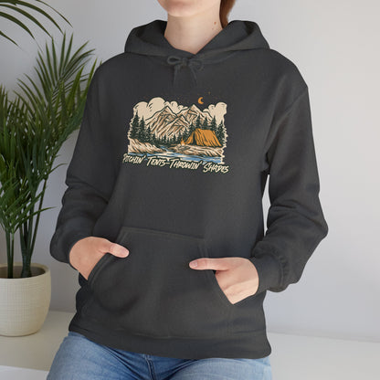 Pitchin Tents Throwin Shades Hoodie – Unisex Outdoor Adventure Sweatshirt, Camping Gear, Nature Lover Gift, Travel and Fall Apparel