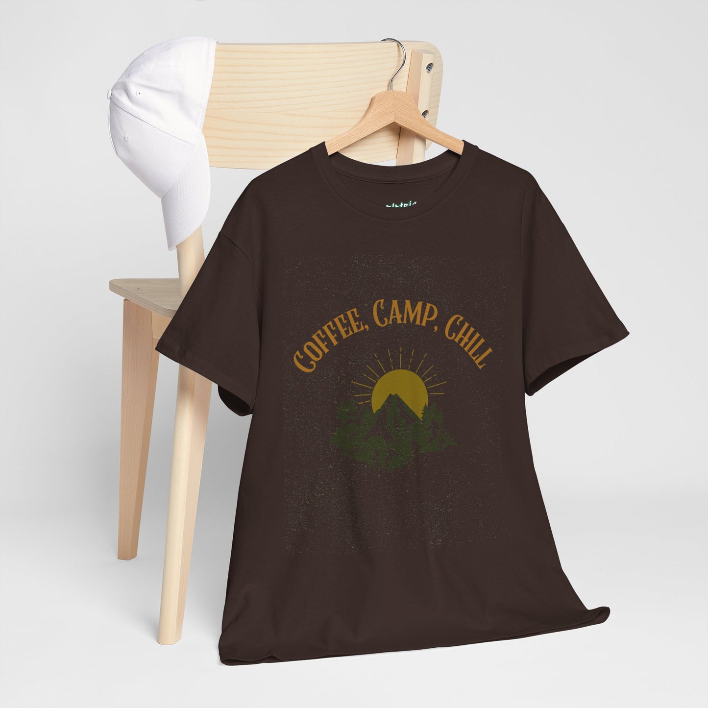 Coffee, Camp, Chill T-Shirt – Unisex Camping Tee for Outdoor Lovers, Adventure & Nature Gift, Cozy Travel Shirt for Summer