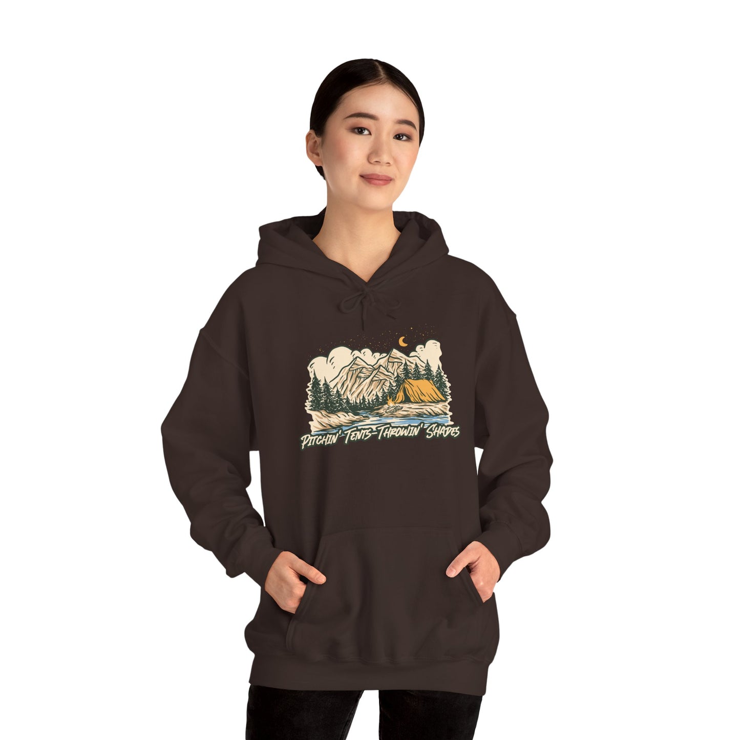 Pitchin Tents Throwin Shades Hoodie – Unisex Outdoor Adventure Sweatshirt, Camping Gear, Nature Lover Gift, Travel and Fall Apparel