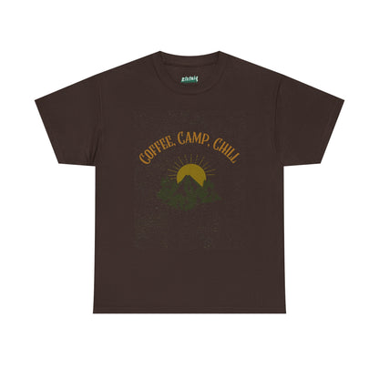 Coffee, Camp, Chill T-Shirt – Unisex Camping Tee for Outdoor Lovers, Adventure & Nature Gift, Cozy Travel Shirt for Summer