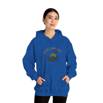 Coffee, Camp, Chill Hoodie – Outdoor Lovers Camping Sweatshirt, Hiking Gift, Warm Adventure Layer