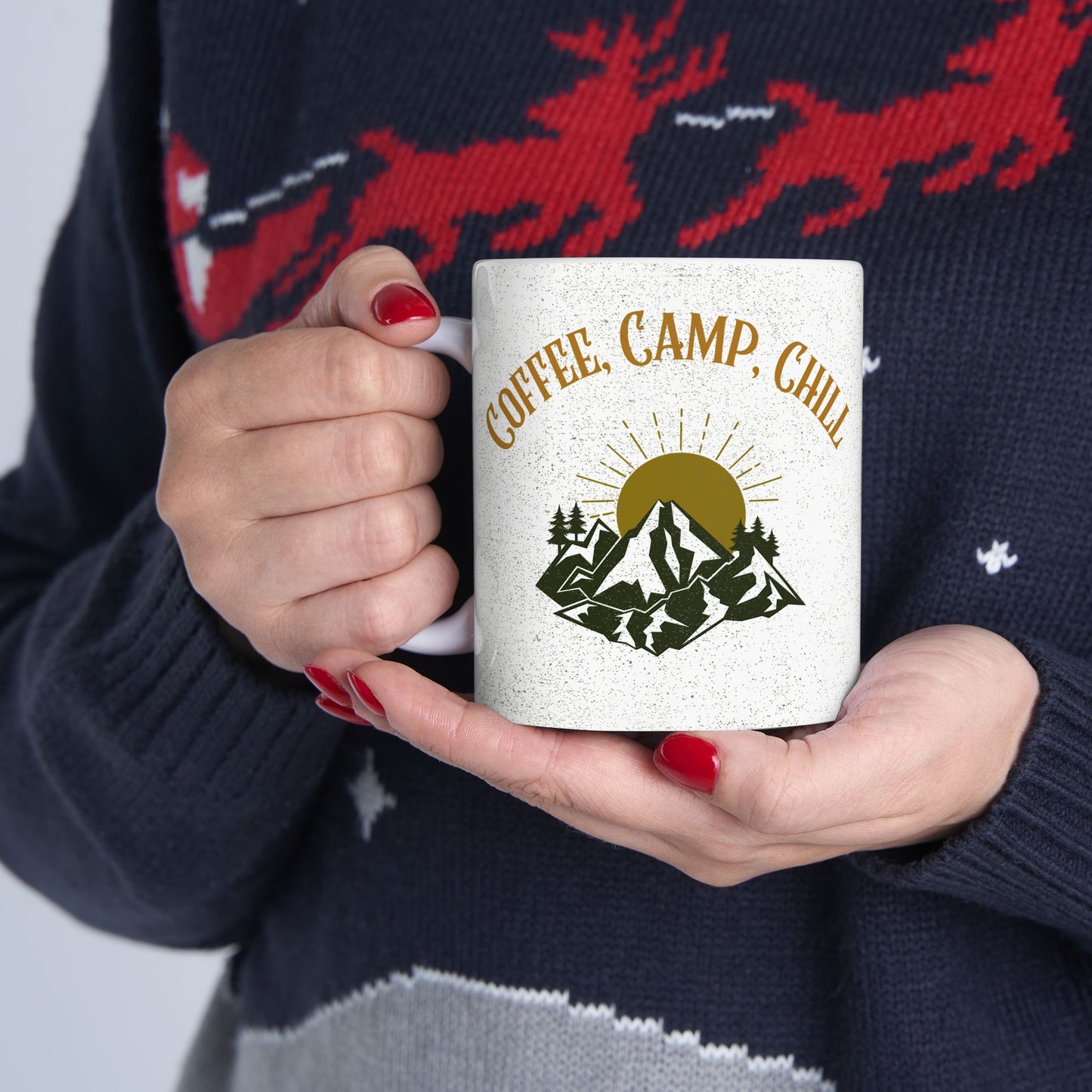 Coffee, Camp, Chill - Ceramic Mug, Funny Camping Coffee Cup