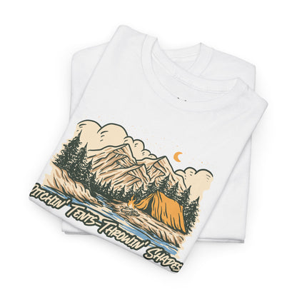 Pitchin Tents Throwin Shades – Funny Camping T-Shirt for Hikers & Outdoor Enthusiasts | Unisex Heavy Cotton Tee, Nature Lover Gift, Adventure Apparel